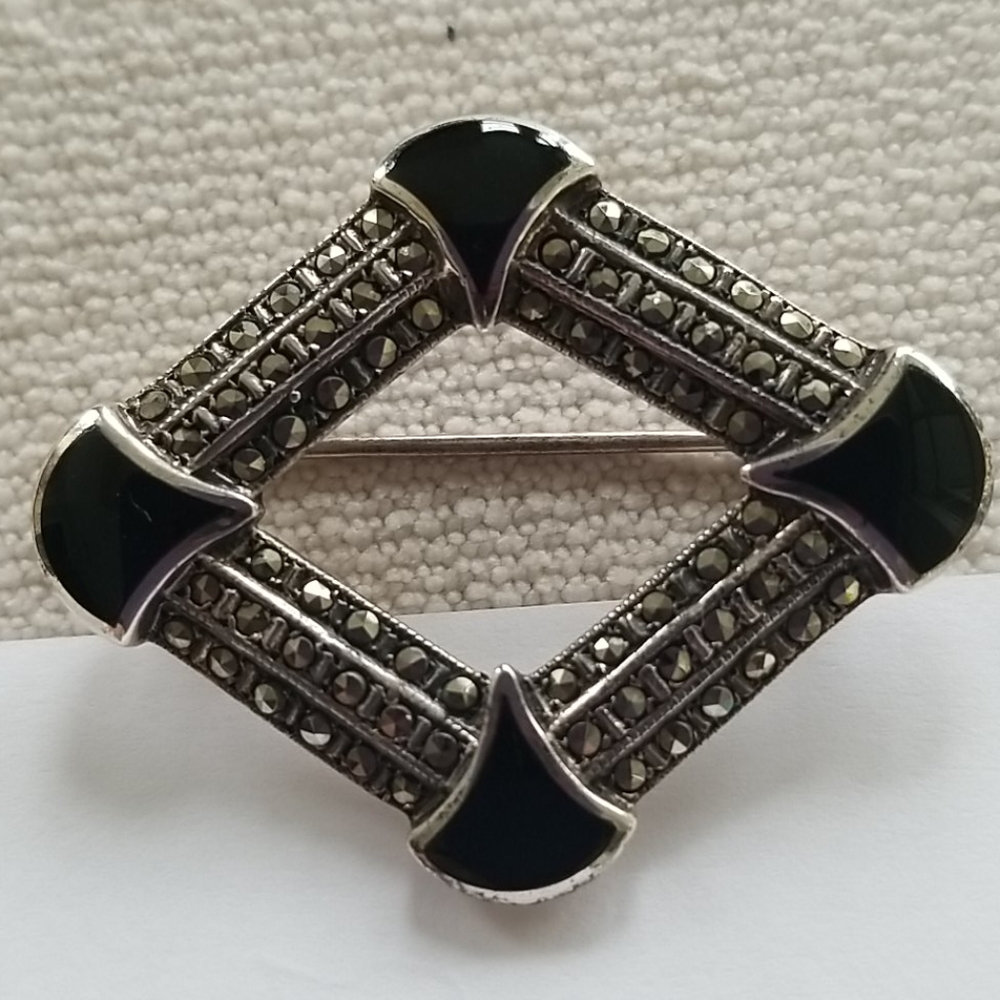 Markasite onyx and sterling pin